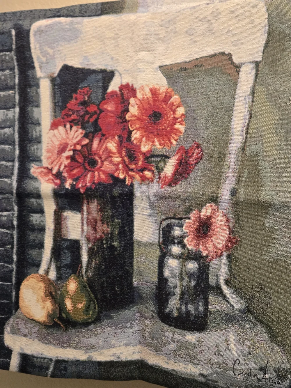 Floral Chair Wall Art Tapestry in Red and Cream